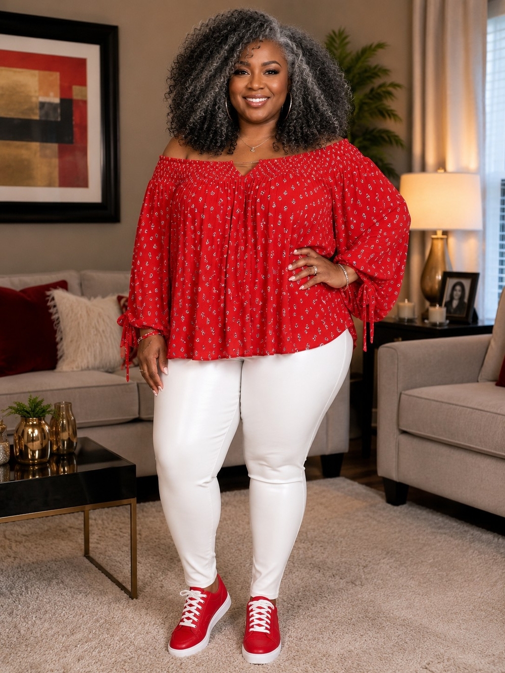 Red Off-Shoulder Peasant Top with Subtle Print (Only)